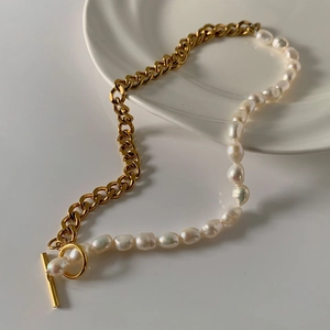 Künstliche Barockperle Edelstahl Halskette Vintage Kette Künstliche Perle Splicing Knebelverschluss Elegant Nische Schmuck Für Damen