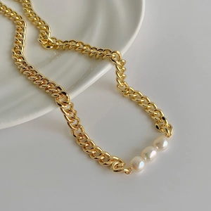 Freshwater Pearl Necklace For Women Copper Real Gold Plated Bold Curb Chain French Retro Minimalist Jewelry Gift