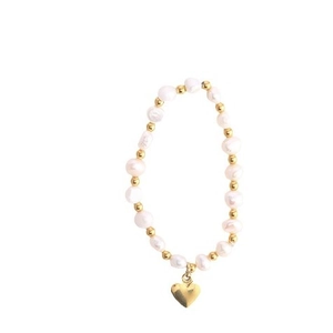 Baroque freshwater pearl bracelet with gold beads and heart charm on white background