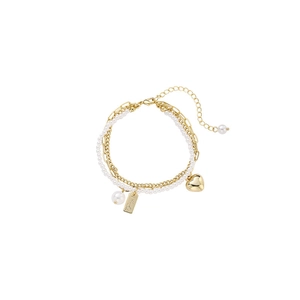 French vintage multilayer gold bracelet with pearls and a gold heart pendant charm