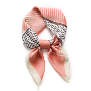 70cm geometric silk square scarf with salmon pink and cream patchwork pattern