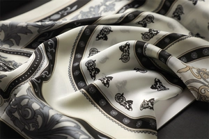 Dettaglio di un foulard in seta in stile britannico con motivi di carrozze di lusso e texture