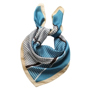 Sky blue geometric pattern square silk scarf with grid lines and beige border edges