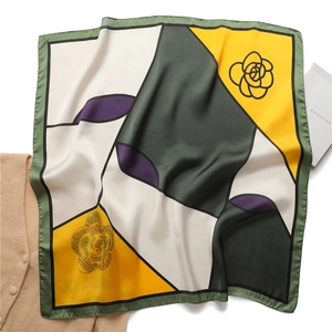 70cm silk square scarf with geometric color block and camellia flower pattern