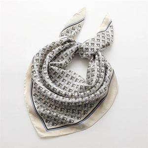 Beige silk scarf with horse head print and navy blue striped borders for women