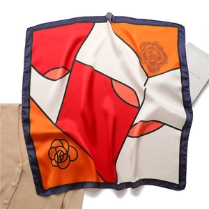 Elegant Square Satin Scarf Geometric Color Block Camellia Floral Print Headband Satin Feel Neck Wrap For Women