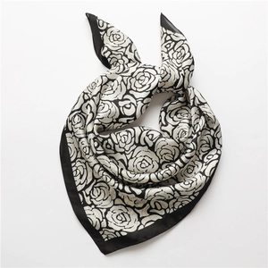 Women Square Scarf Polyester Satin Floral Rose Camellia Print Retro French Style Elegant Hair Neck Wrap