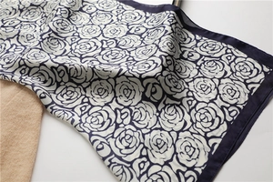 Detailed close-up of silk-textured square scarf with navy blue floral rose patterns