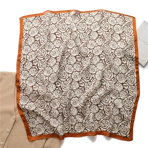 Elegant beige floral square silk scarf with rose patterns and bright orange borders