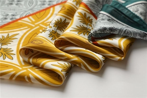 Détail d'un foulard en satin soyeux aux motifs baroques avec des plis jaune doré élégants