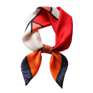 Elegant 70cm geometric silk-like scarf with camellia patterns and bold color blocking