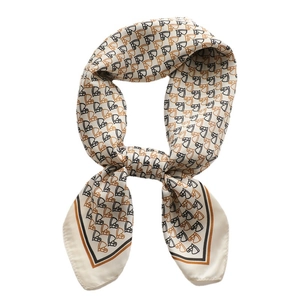 Silk satin square scarf featuring horse head patterns and orange black borders