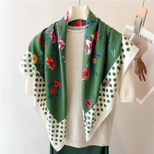 Green silk scarf with red floral patterns and polka dots, 90x90cm satin shawl for women