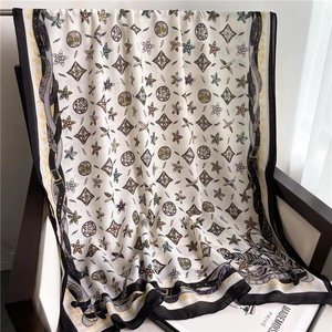 Luxurious cotton linen scarf with vintage floral print and retro buckle border