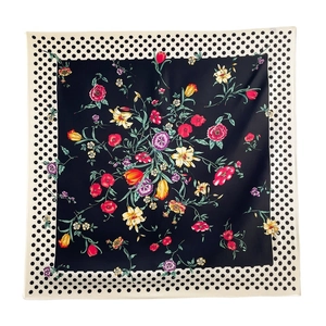 Floral silk square scarf with colorful blossoms and black polka dot border 90x90cm