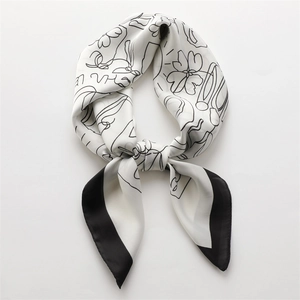 Elegant 70x70cm silk-like scarf with black and white artistic floral and figure patterns