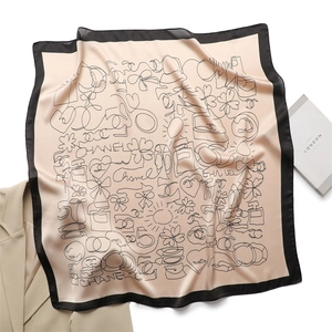 Elegant Square Scarf Polyester Faux Satin Line Art Flower Print Versatile Neck Scarf Hair Wrap For Women Fashion Accessory