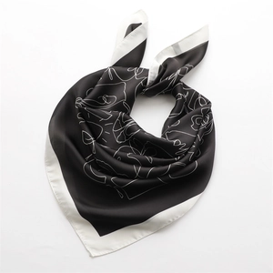Elegant 70x70cm square silk scarf with black white abstract line art and satin finish