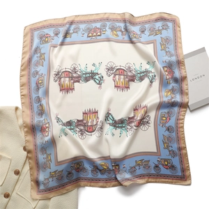 Elegant Retro Carriage Print Square Scarf Satin Feeling Satin Neck Head Scarf Vintage Style For Women