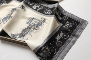 Detail of silk scarf showing classical carriage patterns and smooth satin texture