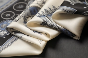 Close-up of silk square scarf featuring vintage horse carriage pattern and smooth texture