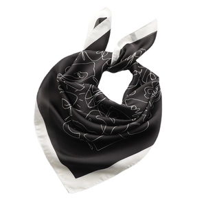 Elegant black and white 70x70cm square silk scarf with minimalist art line patterns