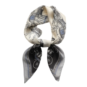 Elegant carriage pattern silk scarf with vintage ornaments in beige and black colors