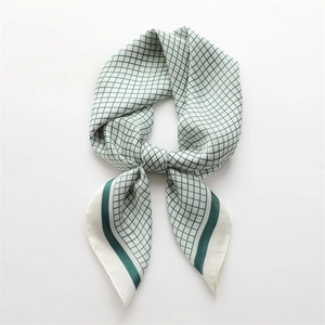Green checkered silk square scarf for women with elegant dark green border overlay