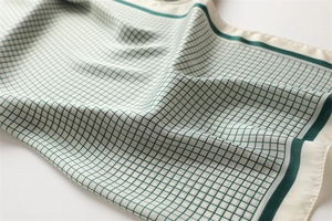 Close-up of green checkered silk scarf featuring smooth texture and dark green borders