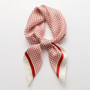 Minimalist red and white grid silk scarf with elegant wide border styling