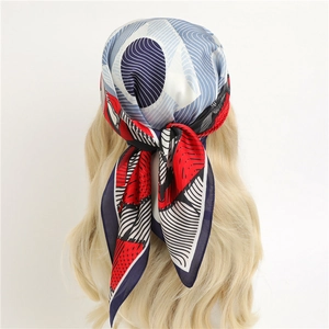 Artistic silk-feel square headscarf with geometric patterns and red blue color block