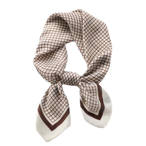 Minimalist grid pattern square silk scarf in creamy white and brown for women