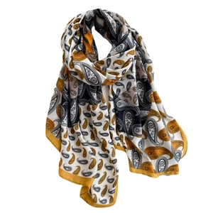 Retro paisley print oversized cotton linen scarf shawl with yellow borders for women