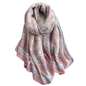 Lunga sciarpa in cotone e lino con stampa floreale geometrica etnica rosa