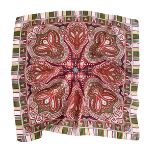 Ethnic paisley print square silk scarf in red and green with elegant striped borders