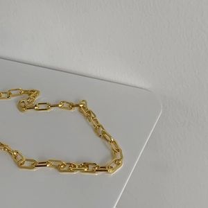 Macro di una collana a catena a graffetta placcata oro con finitura lucida a specchio