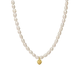 Elegant freshwater pearl necklace featuring a polished gold heart pendant on white background