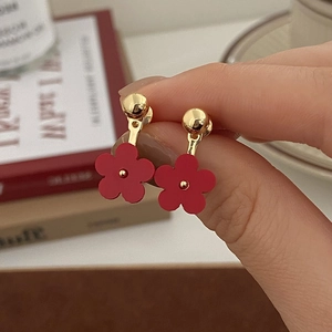 Chic French style red floral earrings with gold studs and matte flower petal pendants
