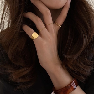 Minimalist Square Signet Ring For Women Adjustable Open Copper Finger Jewelry Real Gold Plated Ins Style Polished