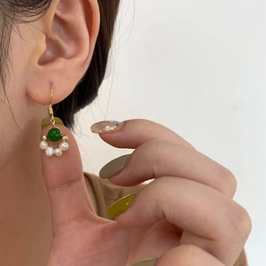 Elegant emerald green bead and freshwater pearl drop earrings with gold plated hooks