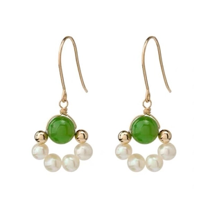 Elegant gold-plated jade and freshwater pearl drop earrings on a clean white background