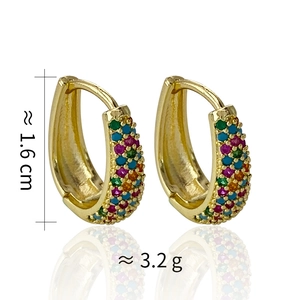 Detail of gold U-shaped hoop earrings with colorful pavé zircons, height 1.6 cm, weight 3.2 g