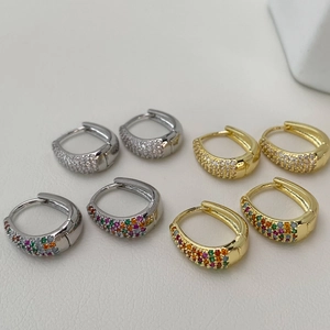 Geometric Copper Huggie Hoop Earrings Gold Plated With Rainbow Cubic Zirconia Pave Minimalist Jewelry For Women