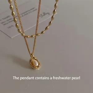 French vintage style gold double-layered necklace with natural freshwater pearl pendant