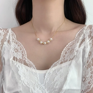 French retro pearl pendant necklace with five white round pearls and gold plated chain