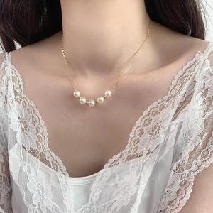 Artificial Pearl Clavicle Chain Necklace Gold Plated Copper Shell Beads French Vintage Simple Elegant Women Accessory