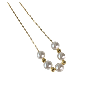 French vintage gold plated necklace with five elegant white pearls on a thin chain