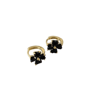 Elegant gold clover drop earrings with black heart-shaped stone petals for women