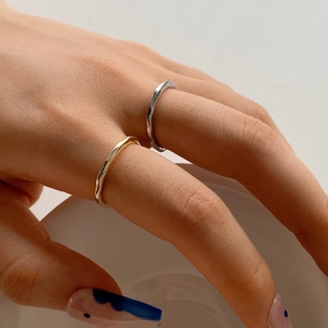 Minimalist Irregular Wave Open Ring Copper Gold Silver Plated Hammered Adjustable Band Jewelry For Women