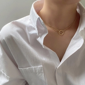 Minimalist Circle Pendant Spliced Chain Necklace Gold Plated Copper Geometric Jewelry For Women Elegant Simple Style